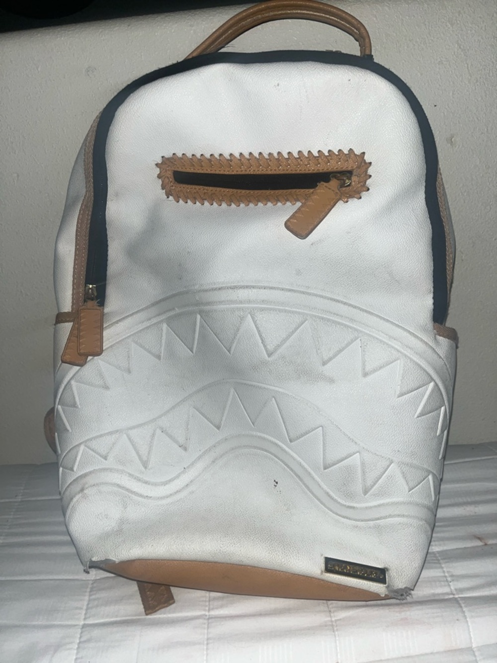 Sprayground White and Tan Shark Tooth Mini Backpack